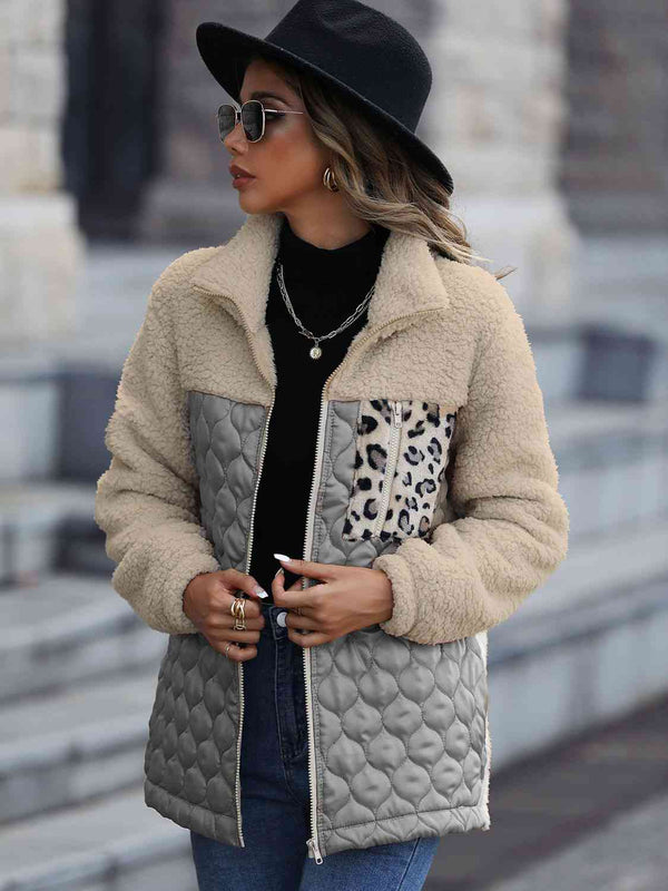 Unique Autumn Leopard Color Block Zip-Up Jacket Trendy Lightweight Jacket with Pockets Charming Winter Jacket