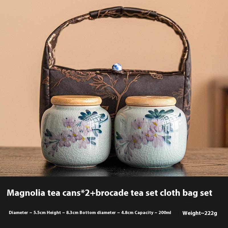 Hand-painted Magnolia Tea Storage Containers and Brocade Bag