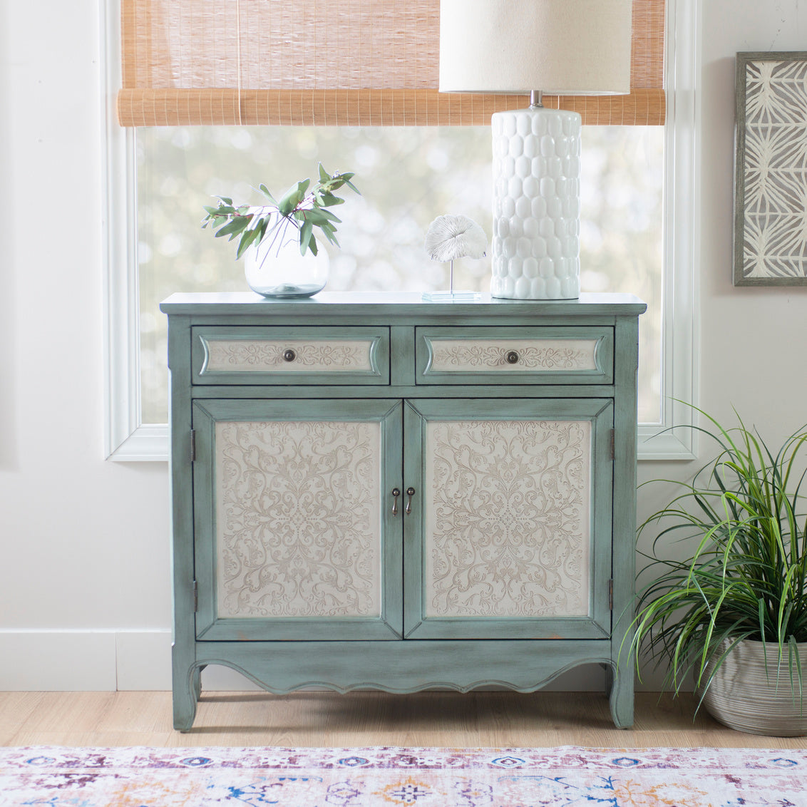 Clancy Wood Storage Cabinet Console in Antiqued Blue and White