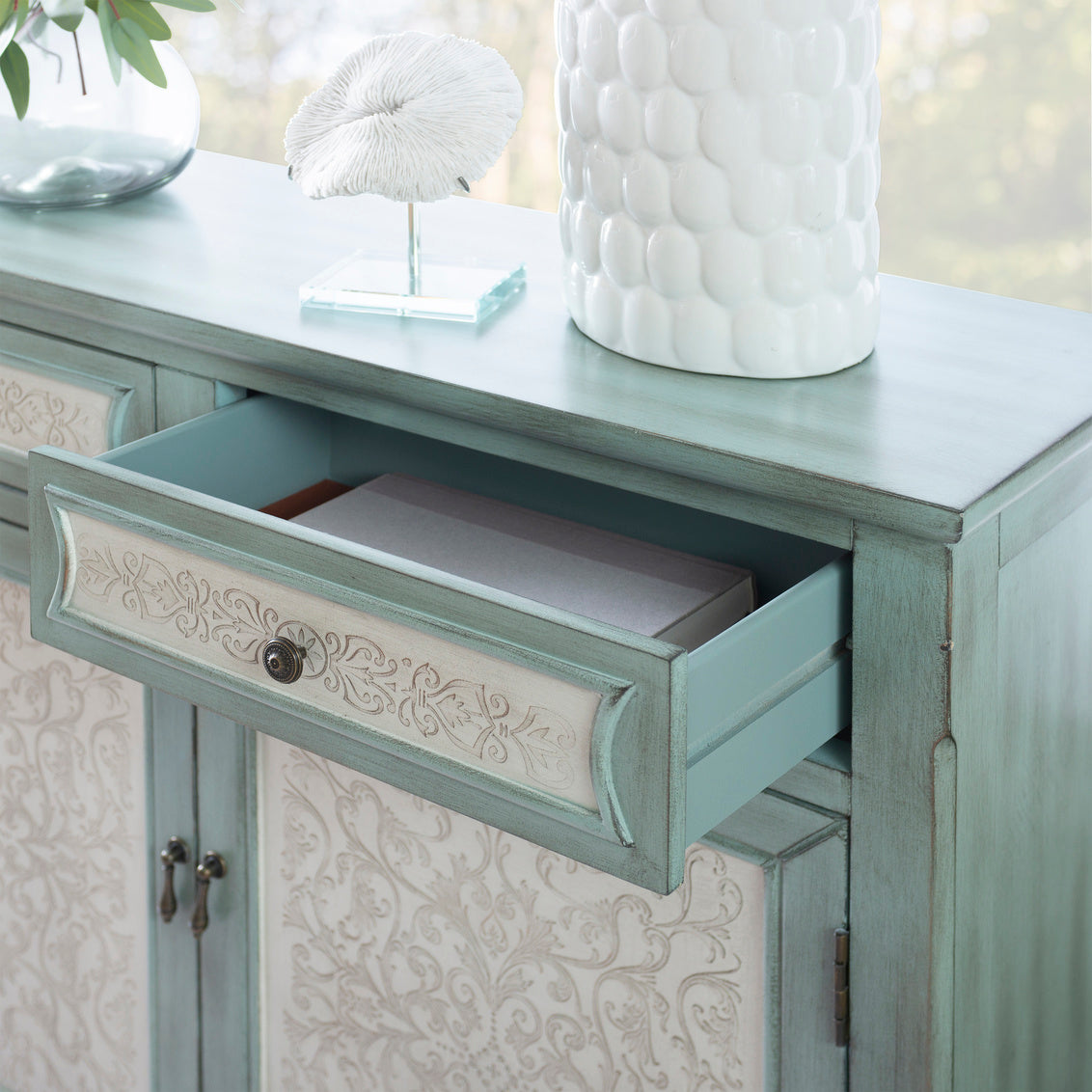 Clancy Wood Storage Cabinet Console in Antiqued Blue and White