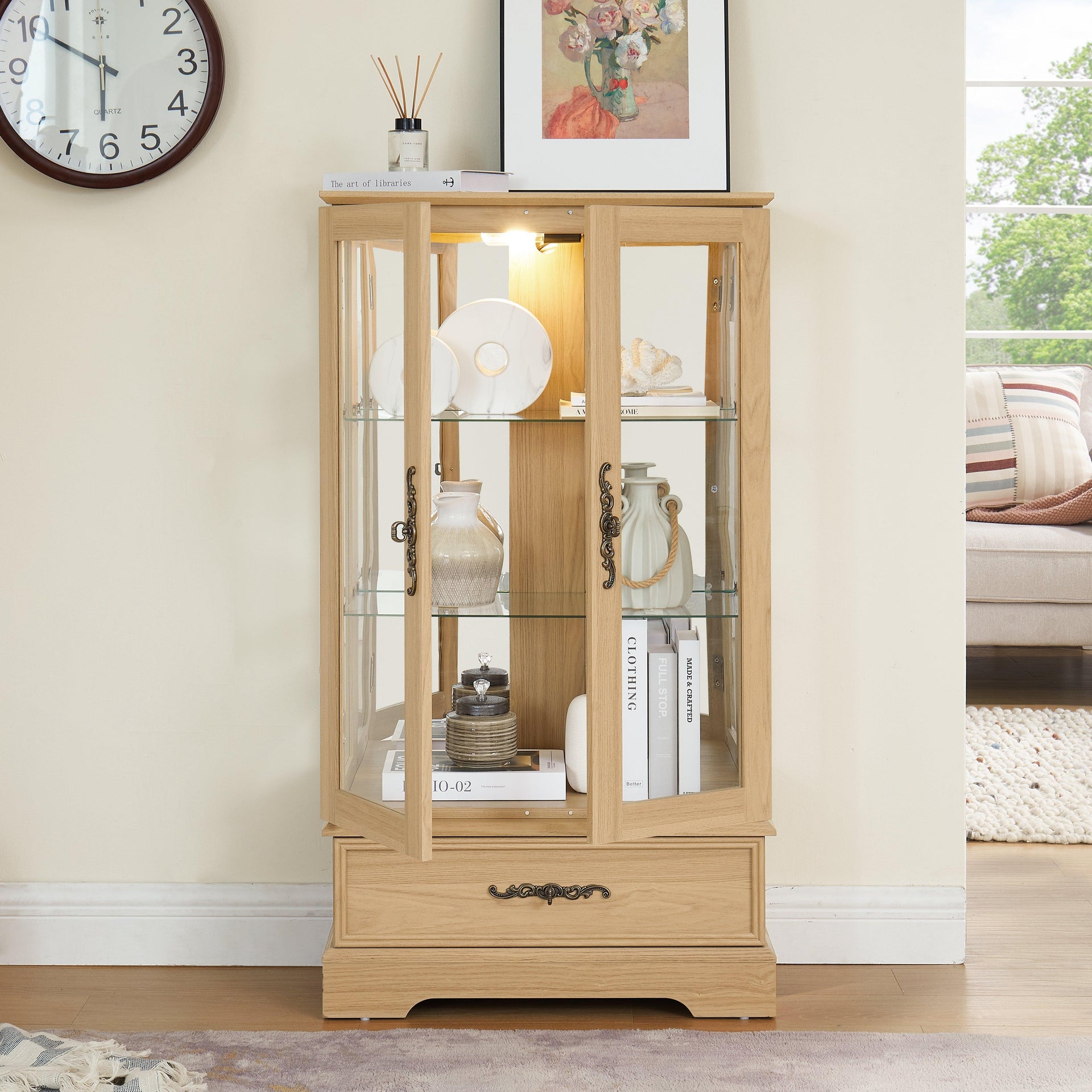 Light colored glass cabinet with adjustable glass frame, including cabinet light bulbs OAK with 2 doors and 1 drawer