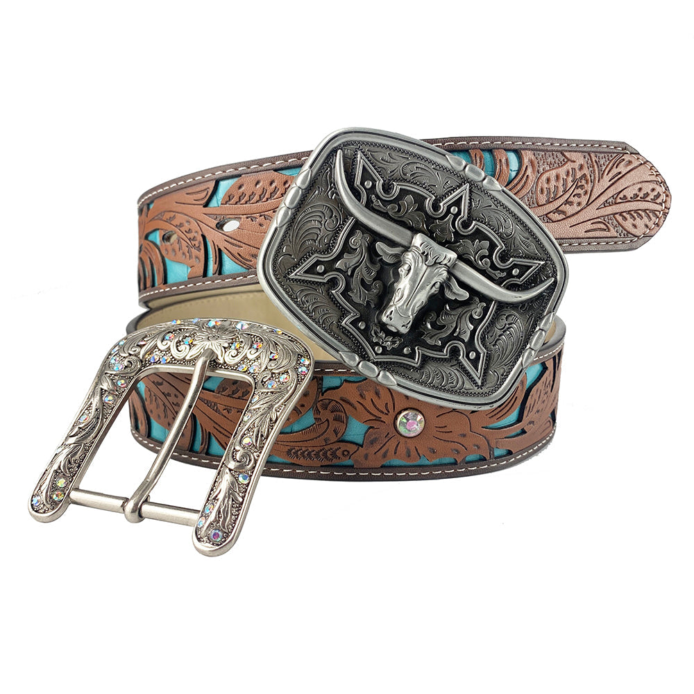 TOPACC Western Turquoise Belts - Pattern Longhorn Cow Belt Buckle Copper/Bronze