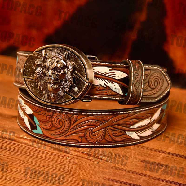 Waist 42-46 inch Western Leather Feather Belt - Block Buckle