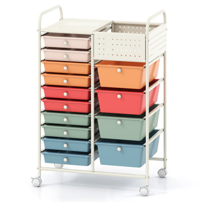 14-Drawer Rolling Storage Cart with Metal Tabletop and Pegboard-Macaron