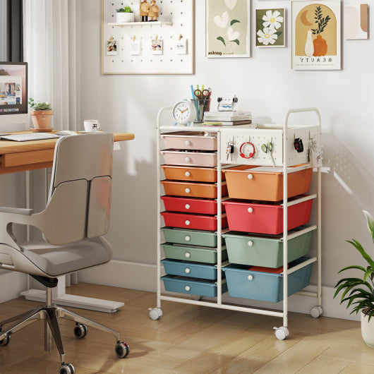 14-Drawer Rolling Storage Cart with Metal Tabletop and Pegboard-Macaron