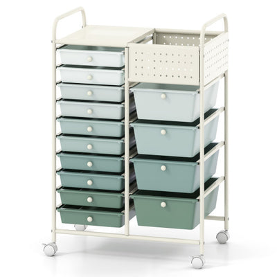 14-Drawer Rolling Storage Cart with Metal Tabletop and Pegboard-Gradient Green