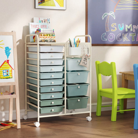 14-Drawer Rolling Storage Cart with Metal Tabletop and Pegboard-Gradient Green