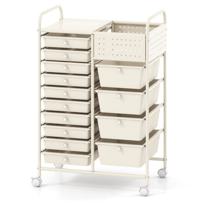 14-Drawer Rolling Storage Cart with Metal Tabletop and Pegboard-White