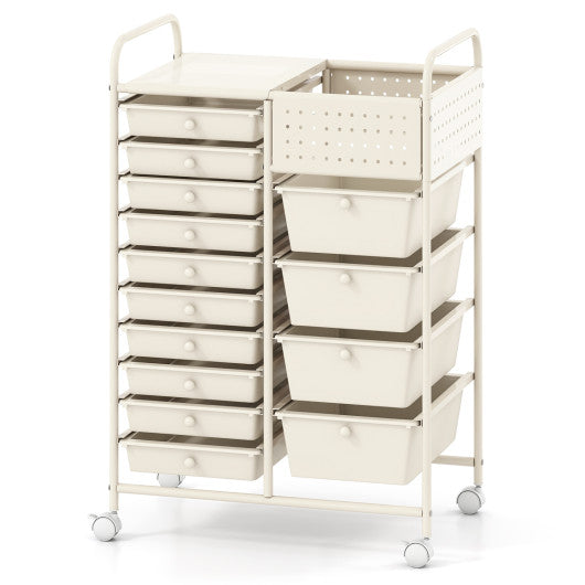 14-Drawer Rolling Storage Cart with Metal Tabletop and Pegboard-White