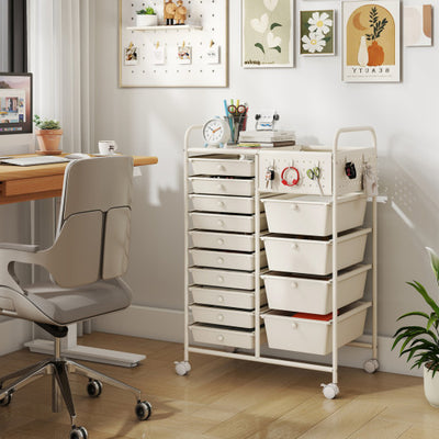 14-Drawer Rolling Storage Cart with Metal Tabletop and Pegboard-White
