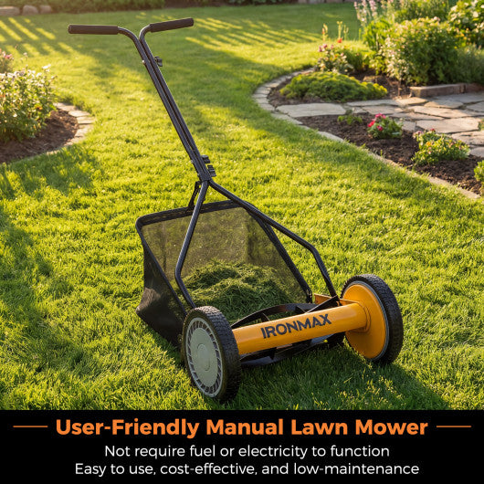 14 Inch Push Lawn Mower with 5 Steel Blades and Grass Catcher Bag-Orange