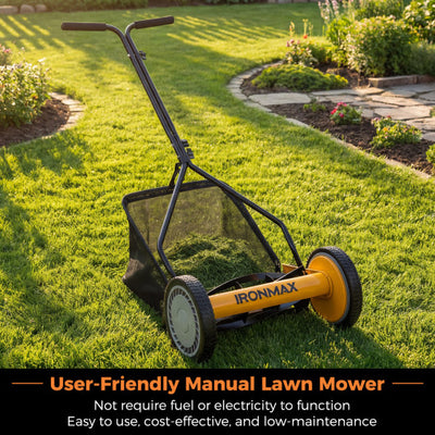 14 Inch Push Lawn Mower with 5 Steel Blades and Grass Catcher Bag-Orange