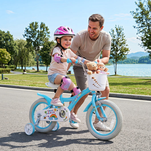 14 Inches Girls Bike for 3-5 Years Old with Training Wheels and Basket - Spring Party  Blue