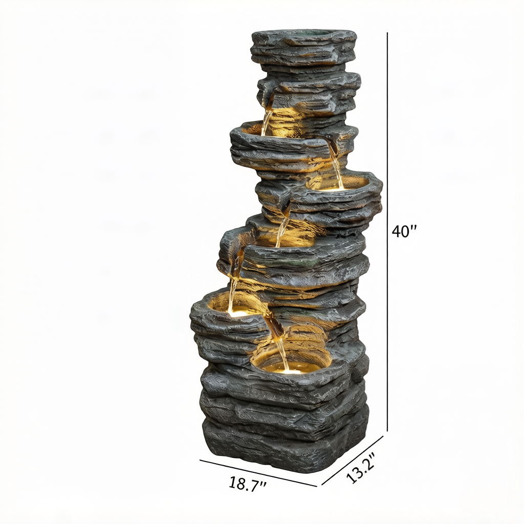 Resin 6 Tier Rock Cascade Outdoor Fountain 40 Inch LED
