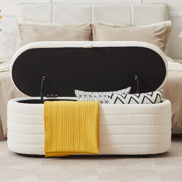 45 Inch Storage Ottoman Bench Boucle Upholstery Fabric