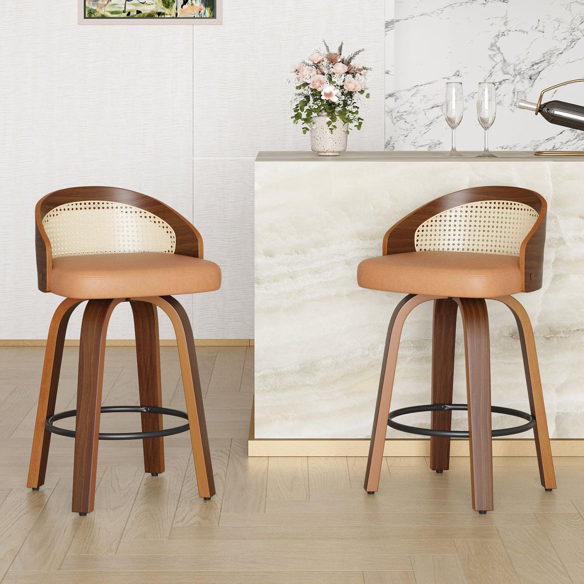 Modern Wood Frame with Rattan Back, Swivel Bar Stools Set of 2
