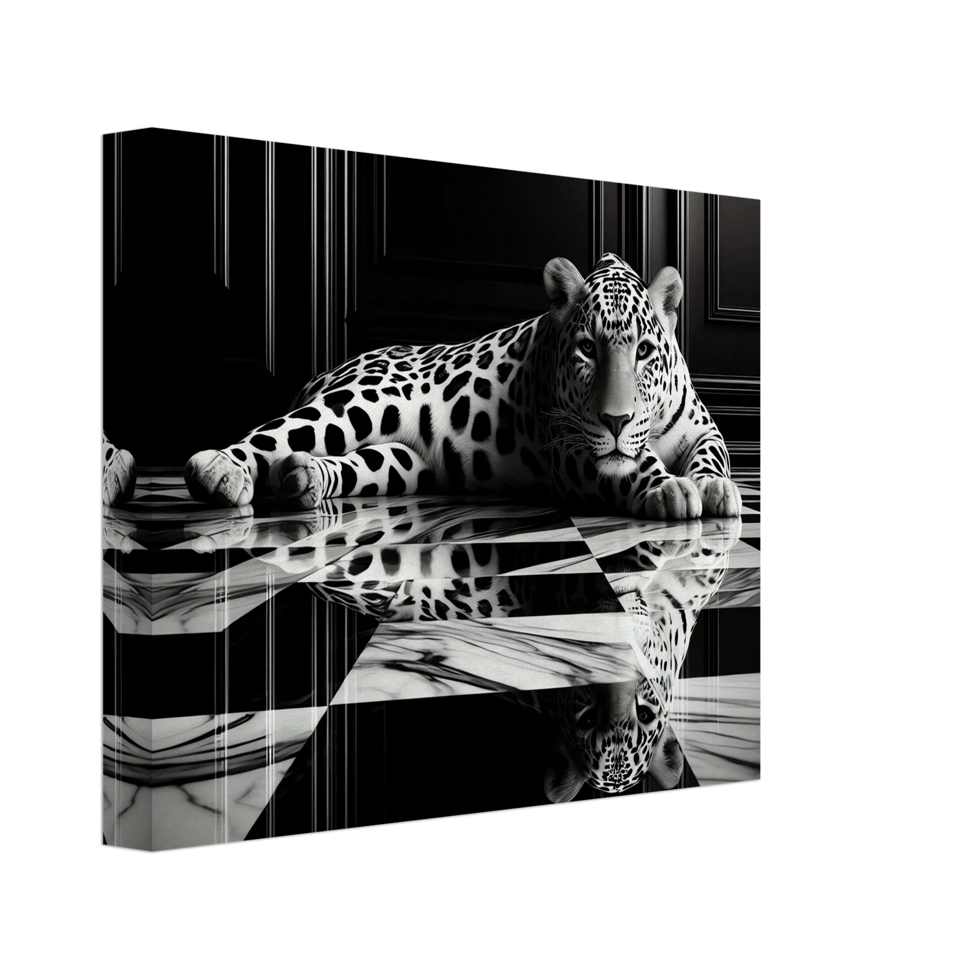 Leopard Canvas Art Print – Striking Design on Black & White Checkered Marble Floor