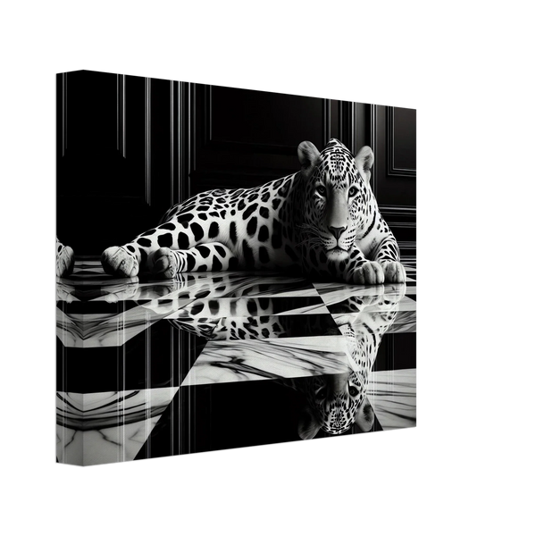 Leopard Canvas Art Print – Striking Design on Black & White Checkered Marble Floor