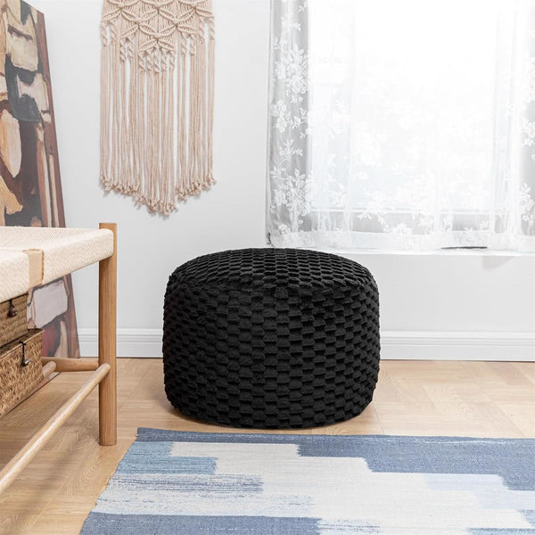 Round Plush Pouf Ottoman 20x12 Inches Black Upholstered
