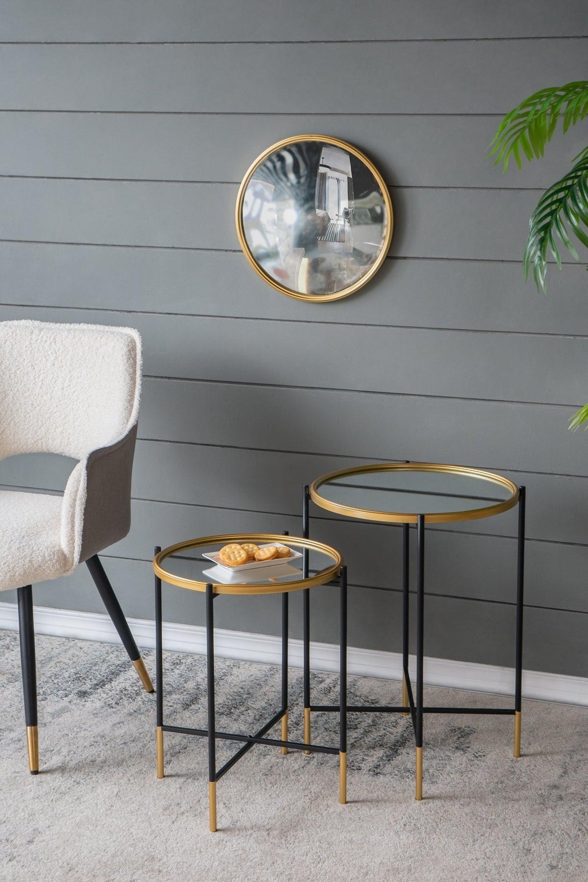 Set of 2 Gold Nesting Side Tables with Mirrored Tops