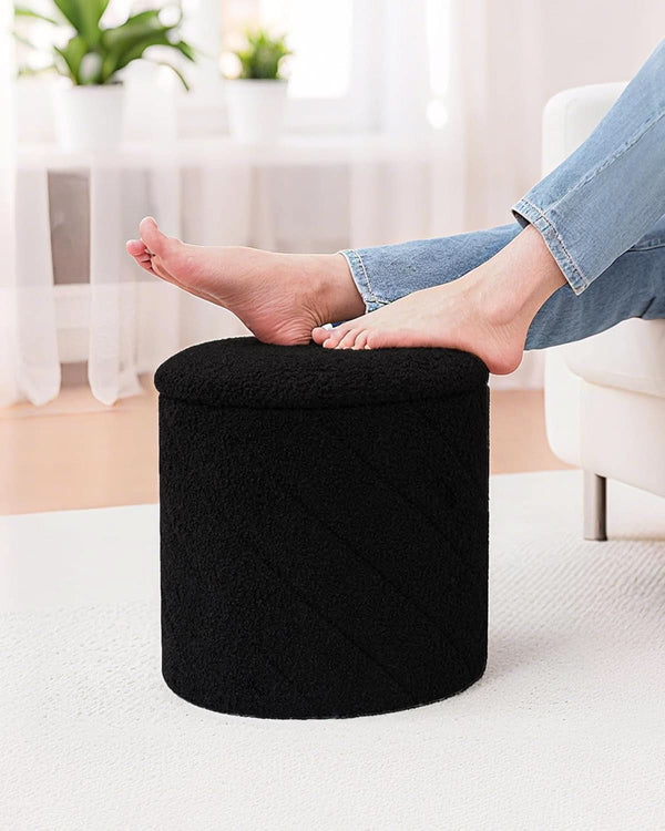 Luxurious Black Boucle Storage Ottoman 12 In Diameter Tray
