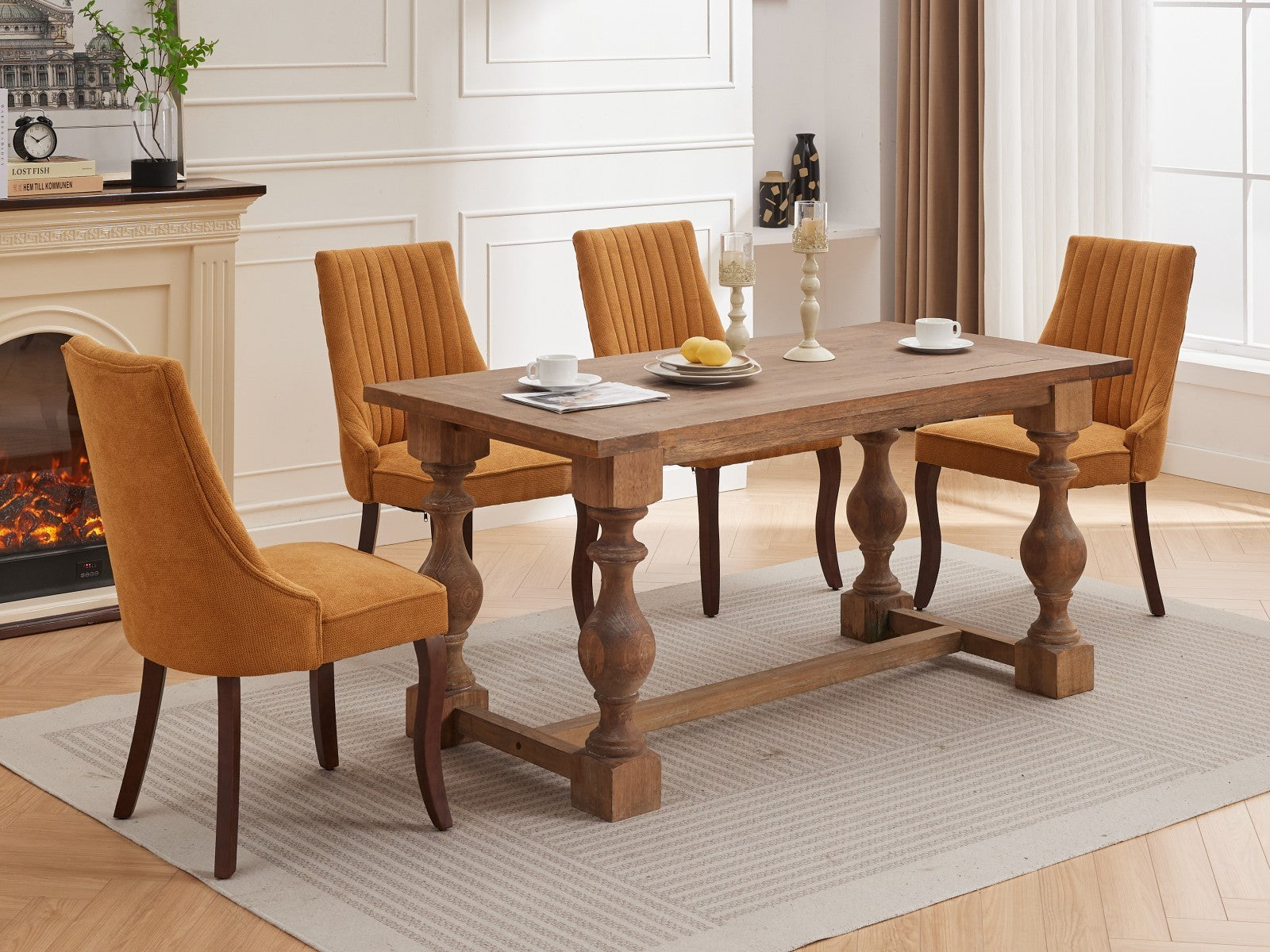 Full dining set with four mustard yellow Rayon Cloth Flocking Linen Dining Chairs and a rustic table in a modern classic room.