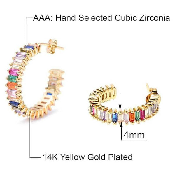 14K Gold Plated Cubic Zirconia Multicolor Rainbow Round Hoop Stud Earrings