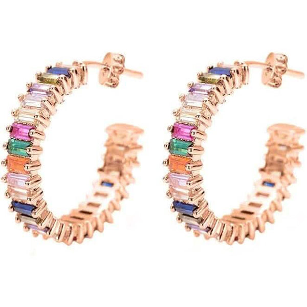 14K Gold Plated Cubic Zirconia Multicolor Rainbow Round Hoop Stud Earrings