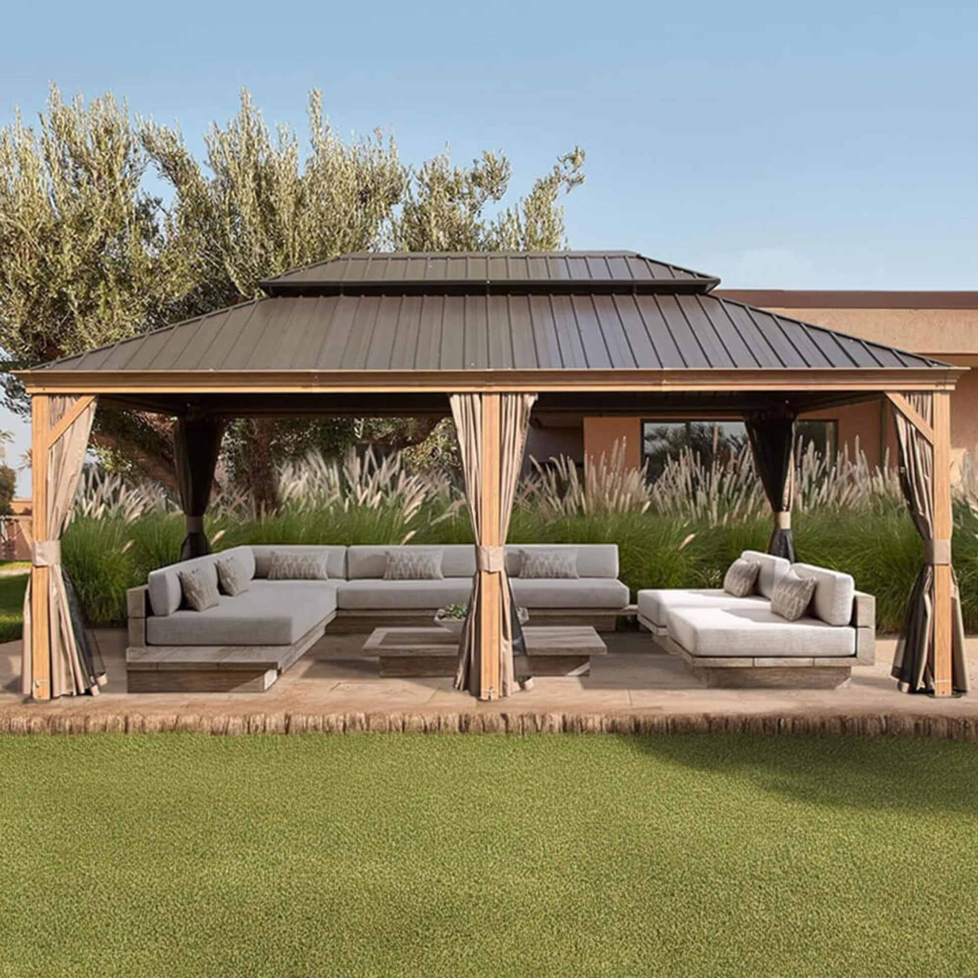 [14X24FT] Heavy-Duty Aluminum Galvanized Steel Double Roof Hardtop Gazebo With Netting And Curtains (SAK41853)