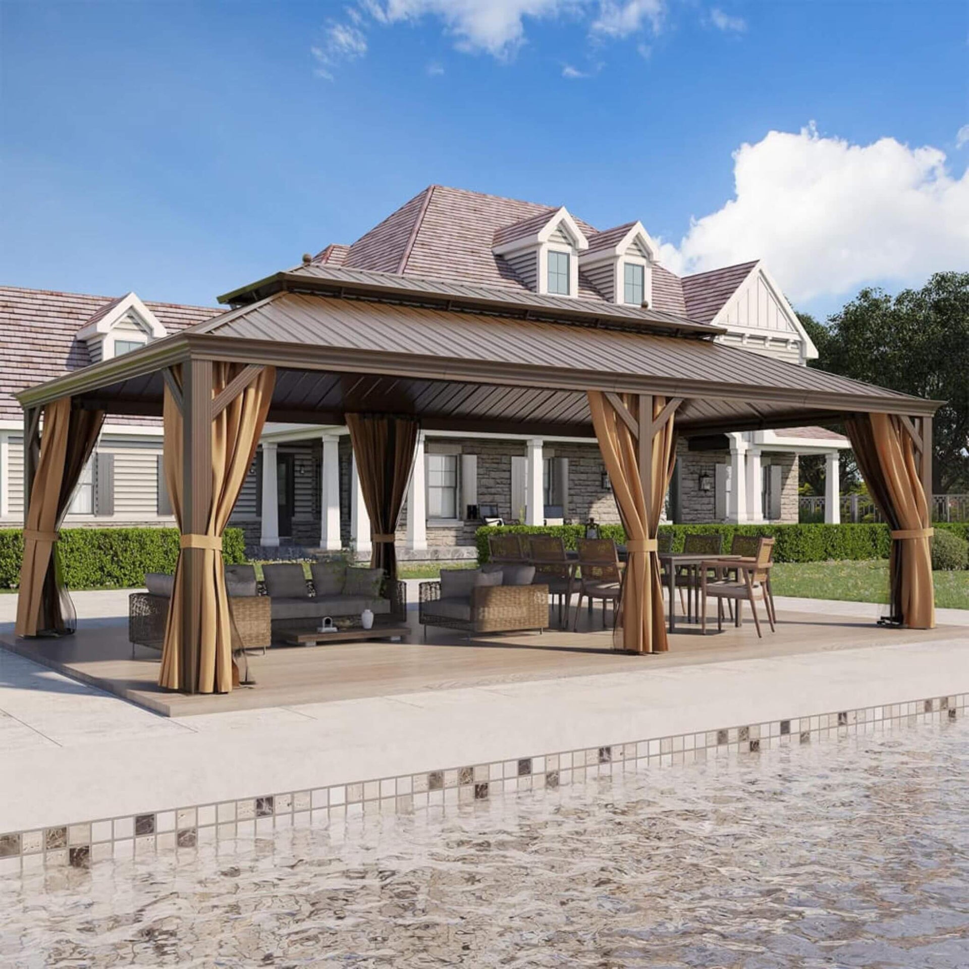 [14X24FT] Heavy-Duty Aluminum Galvanized Steel Double Roof Hardtop Gazebo With Netting And Curtains (SAK41853)