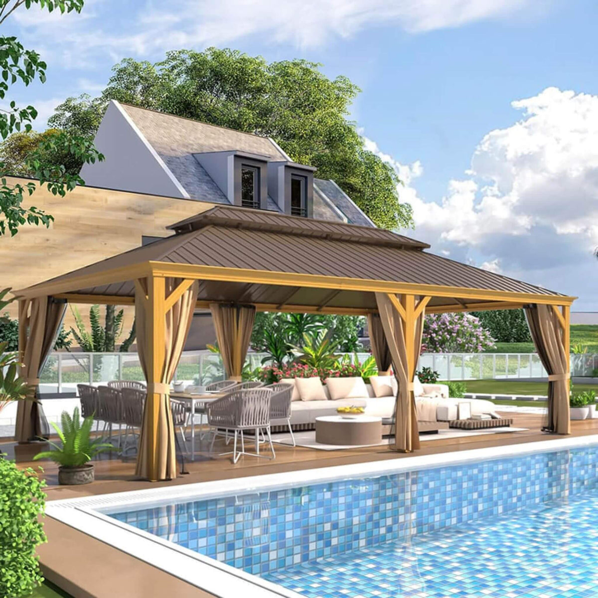 [14X24FT] Heavy-Duty Aluminum Galvanized Steel Double Roof Hardtop Gazebo With Netting And Curtains (SAK41853)