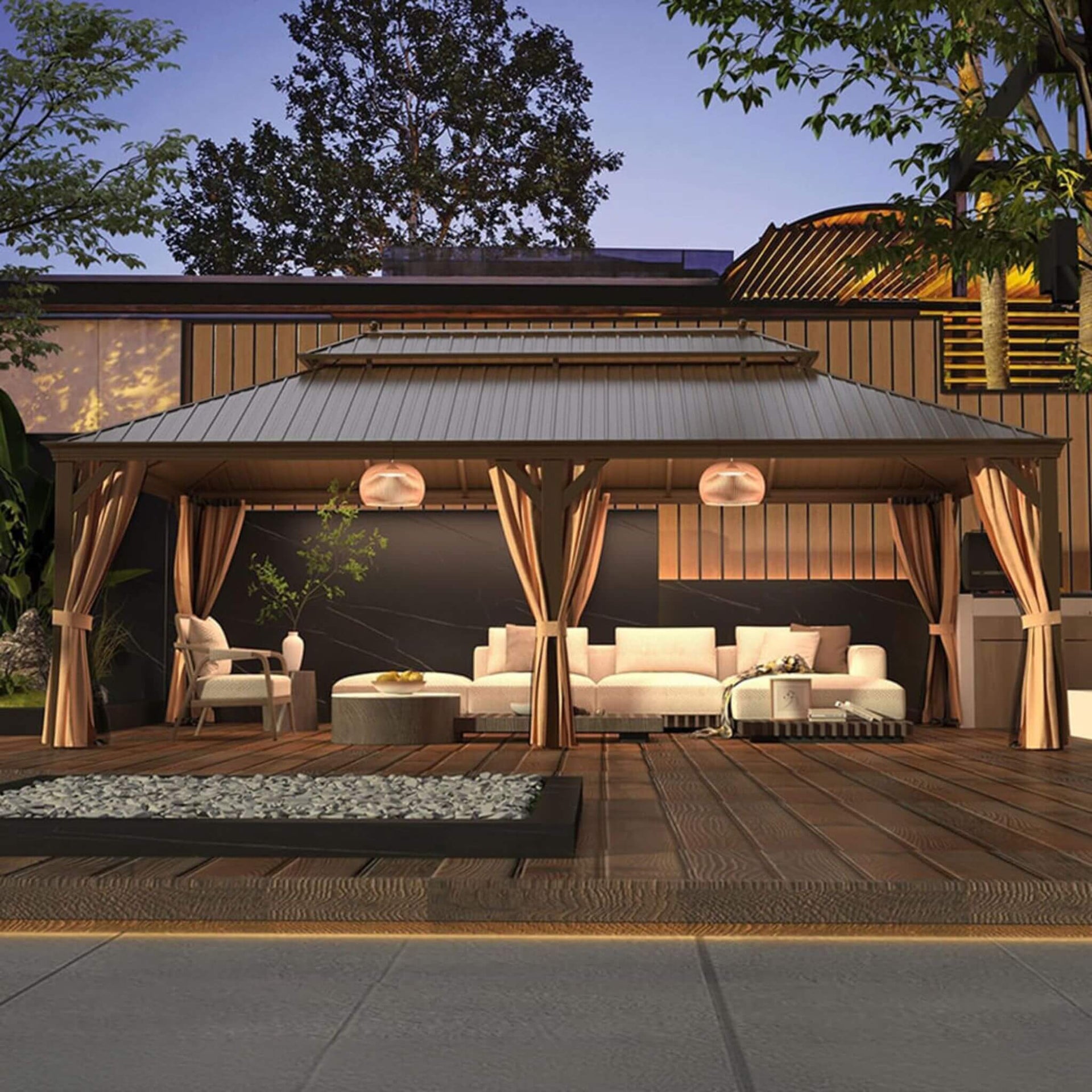 [14X24FT] Heavy-Duty Aluminum Galvanized Steel Double Roof Hardtop Gazebo With Netting And Curtains (SAK41853)
