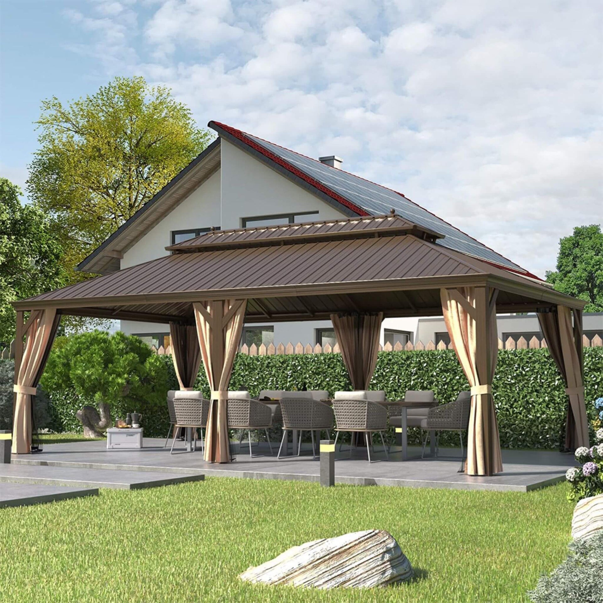 [14X24FT] Heavy-Duty Aluminum Galvanized Steel Double Roof Hardtop Gazebo With Netting And Curtains (SAK41853)