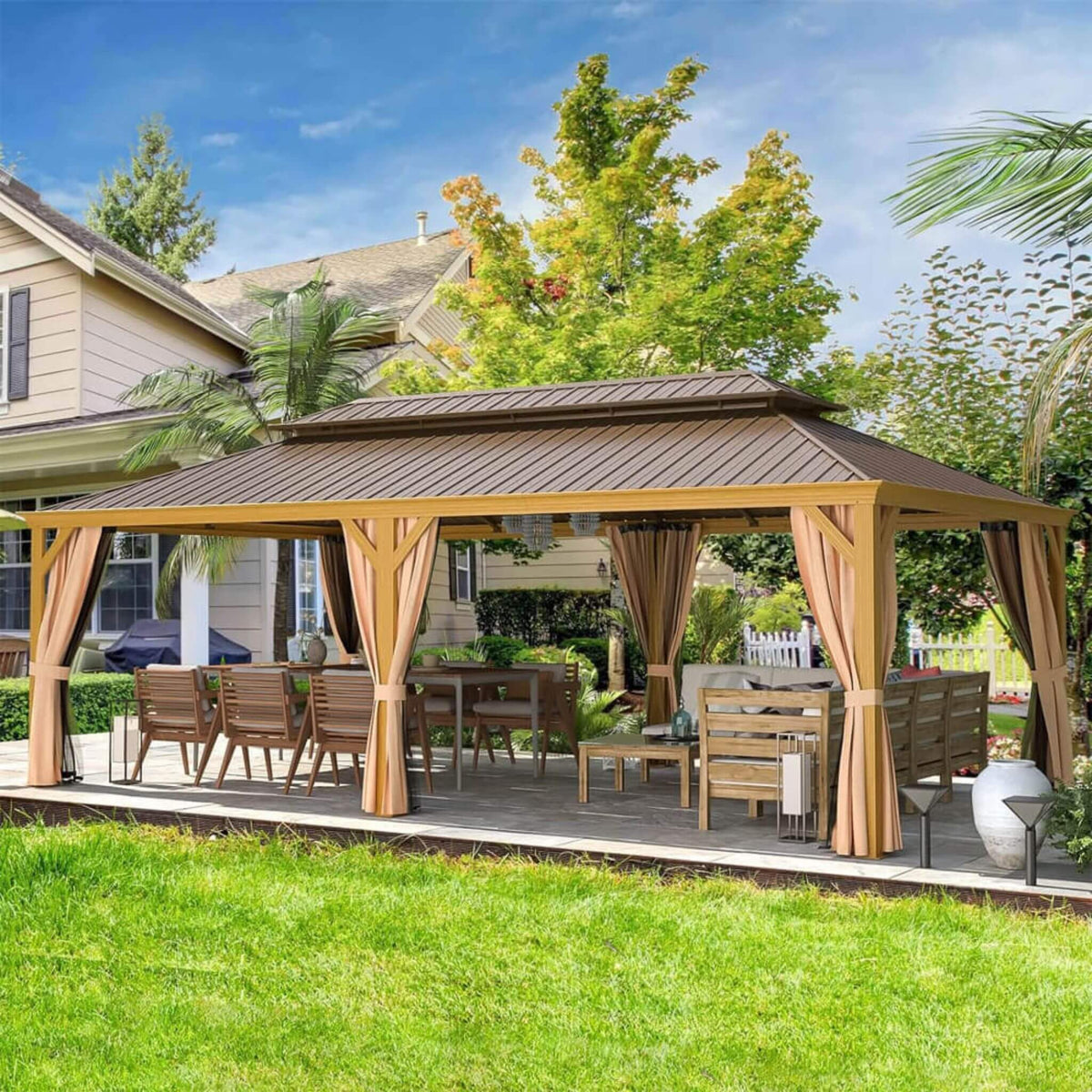 [14X24FT] Heavy-Duty Aluminum Galvanized Steel Double Roof Hardtop Gazebo With Netting And Curtains (SAK41853)
