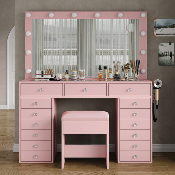 15-Drawer LED Mirror Vanity Desk - Vektaya