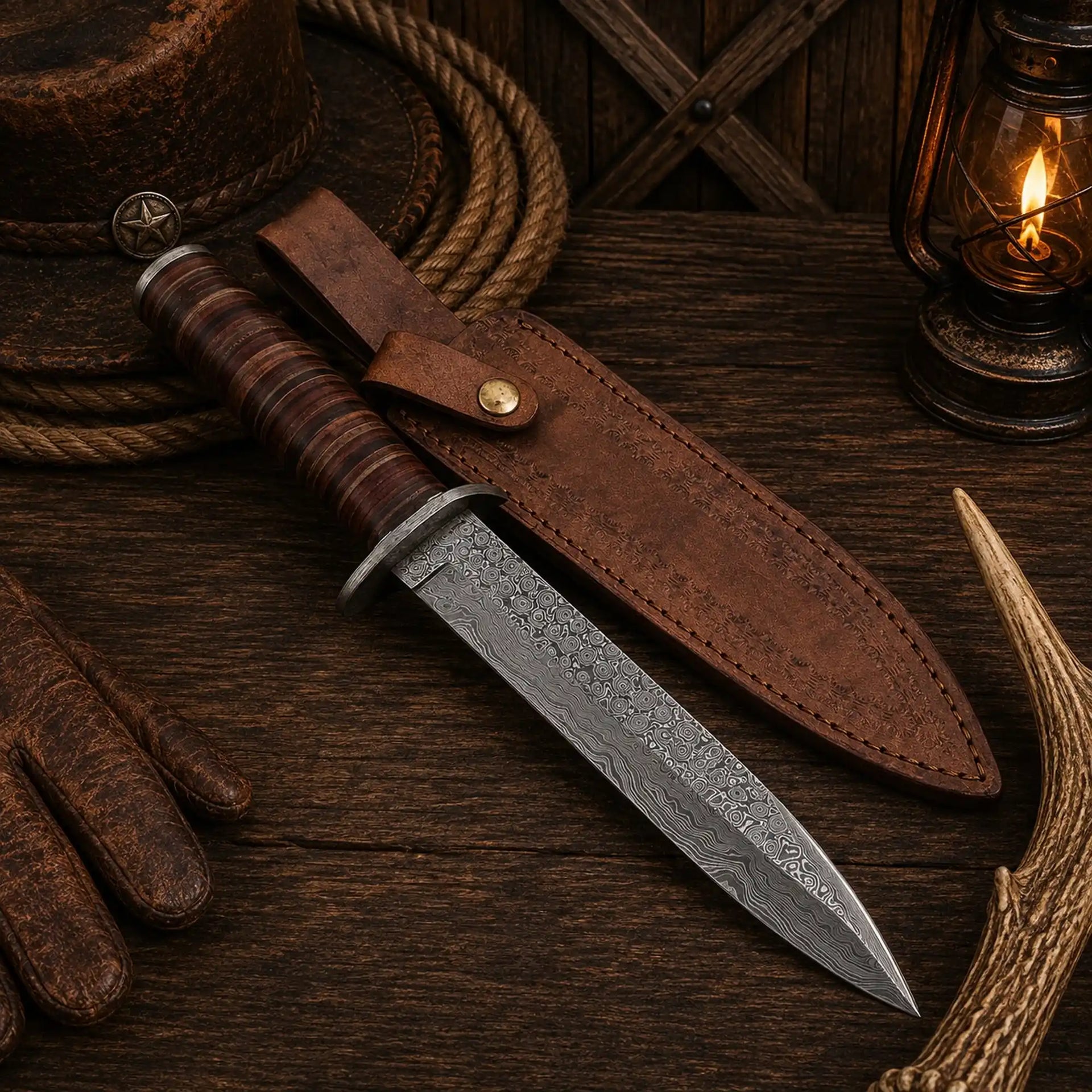 M3 Heritage Damascus Bowie Knife – Stacked Leather Handle & Sheath