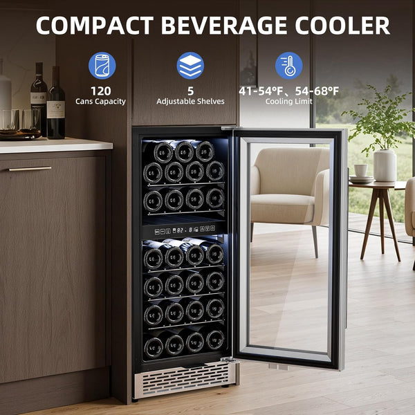 15 Inch Wine Cooler Refrigerator with Stainless Steel Double-Layer Tempered Glass Door W4888S Kismile