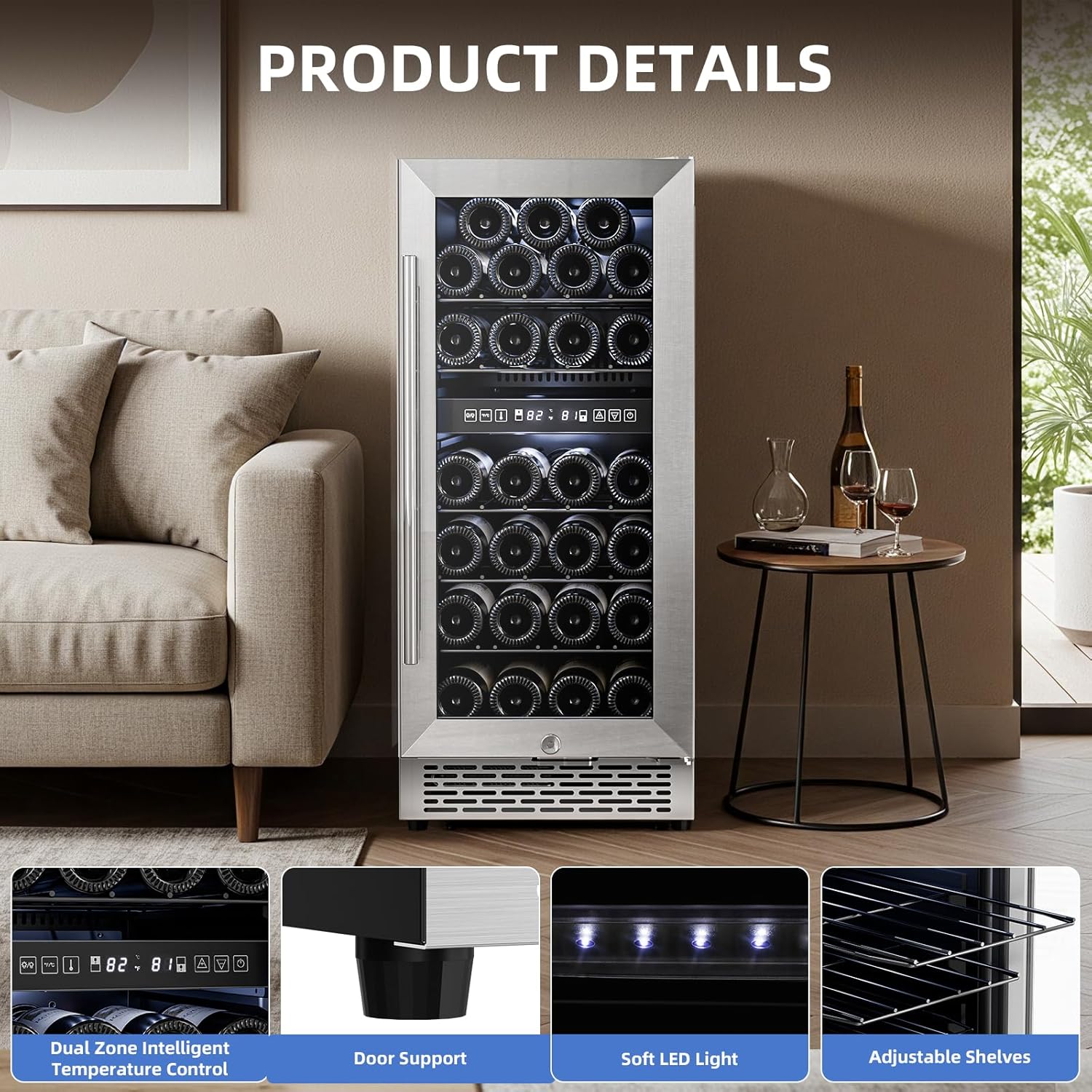 15 Inch Wine Cooler Refrigerator with Stainless Steel Double-Layer Tempered Glass Door W4888S Kismile