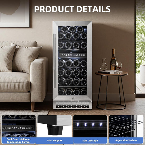 15 Inch Wine Cooler Refrigerator with Stainless Steel Double-Layer Tempered Glass Door W4888S Kismile