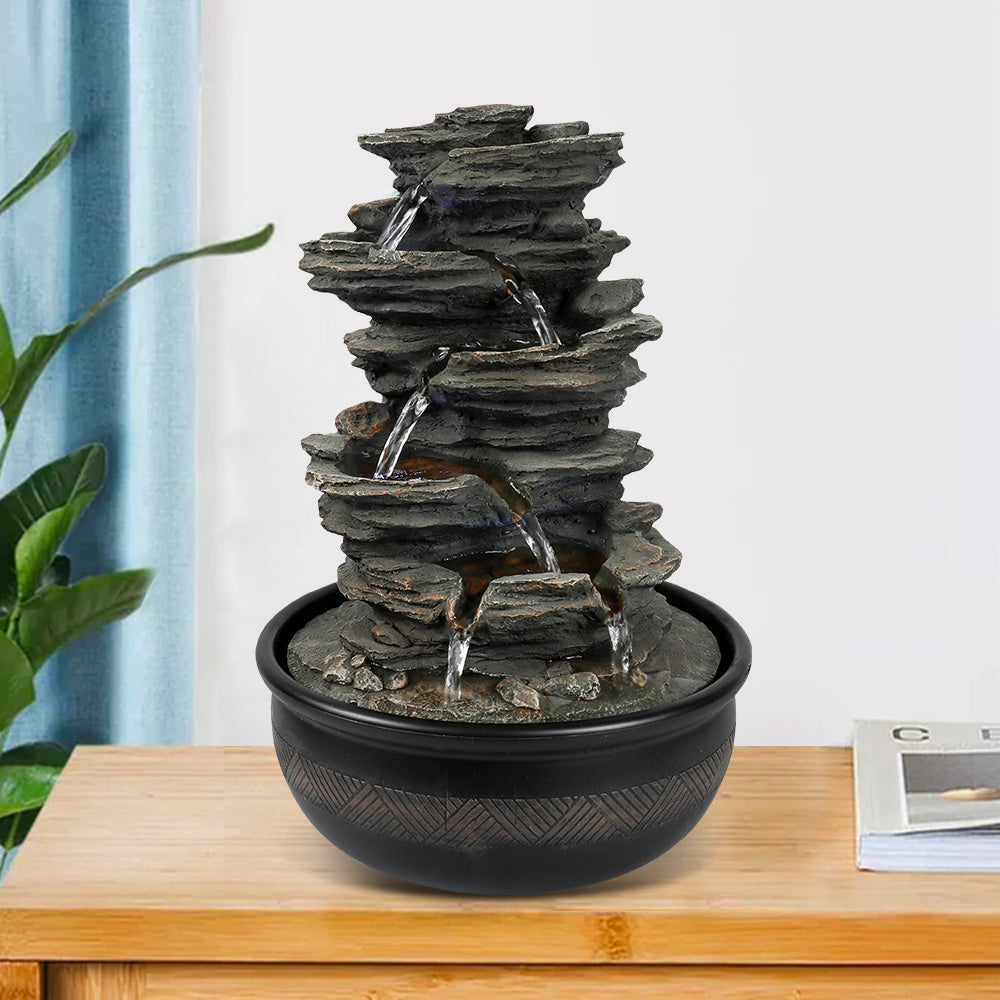 Resin 6 Tier Slate Tabletop Water Fountain 15 Inch LED