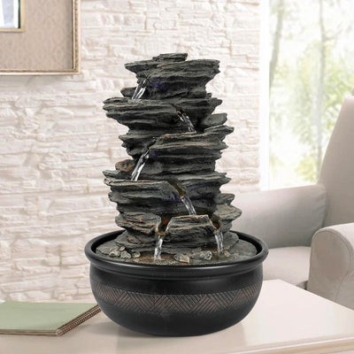 Resin 6 Tier Slate Tabletop Water Fountain 15 Inch LED