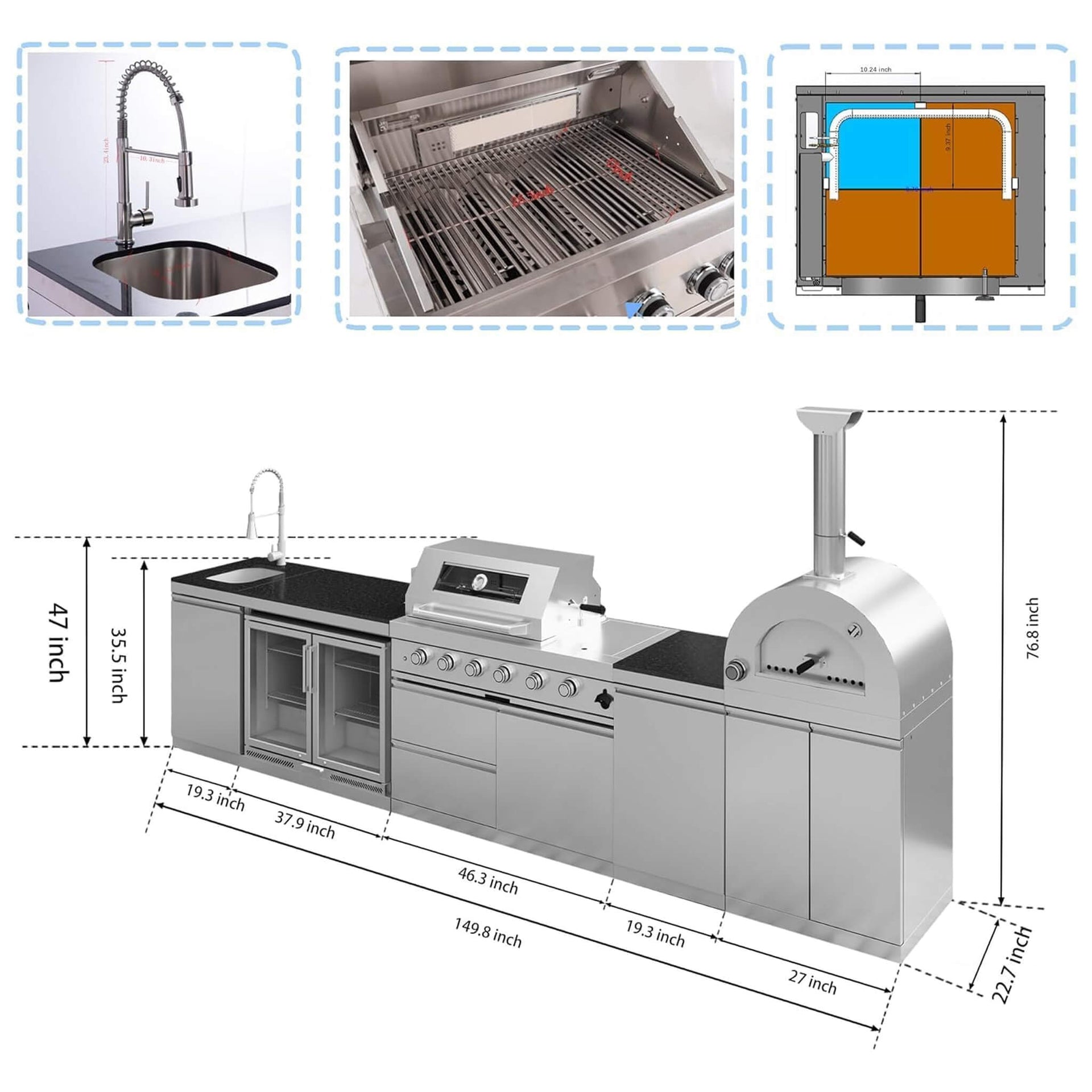 150-Inch 4-Burner 108K BTU Outdoor Kitchen Island With Pizza Oven, Rotisserie & Refrigerator (SAK36412)