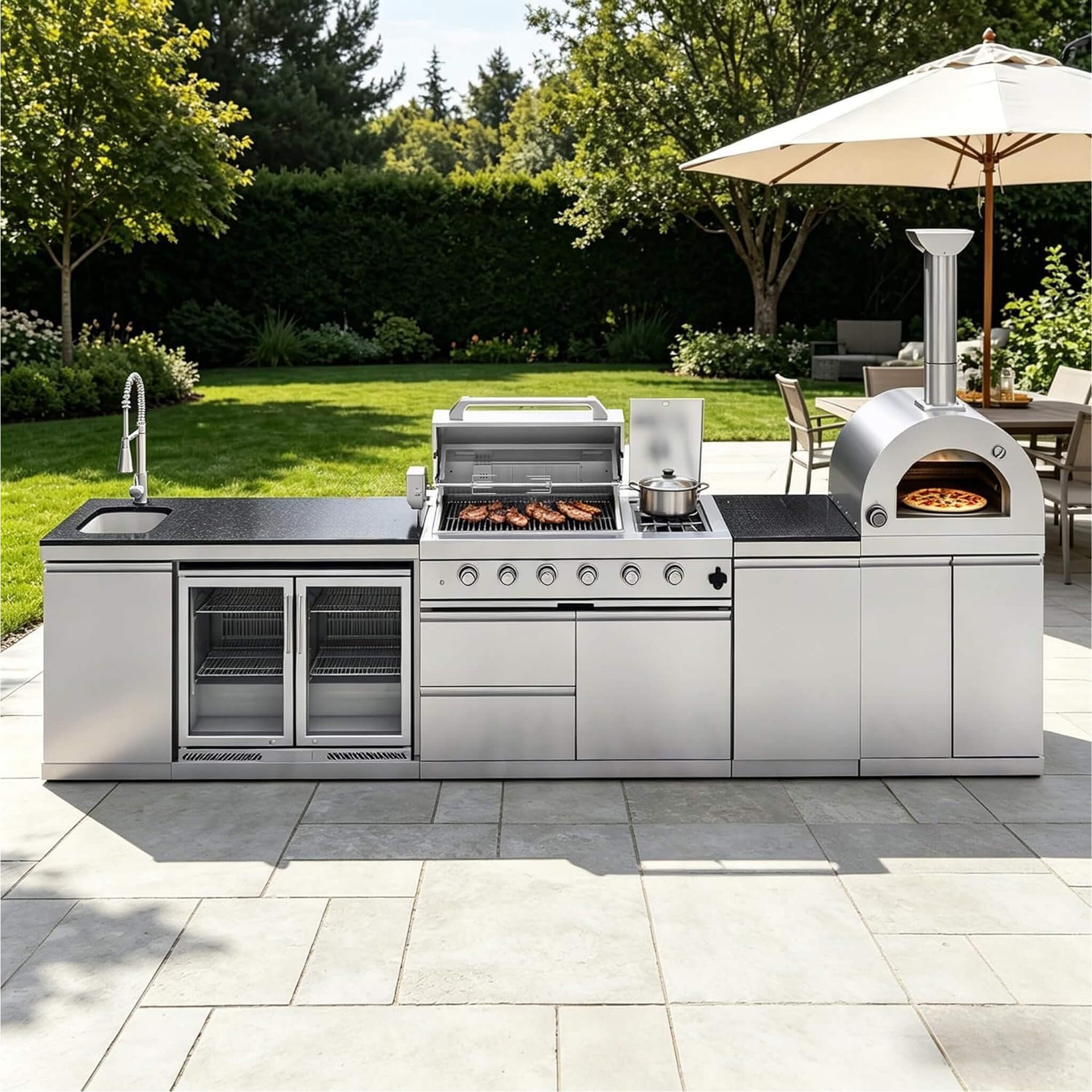 150-Inch 4-Burner 108K BTU Outdoor Kitchen Island With Pizza Oven, Rotisserie & Refrigerator (SAK36412)