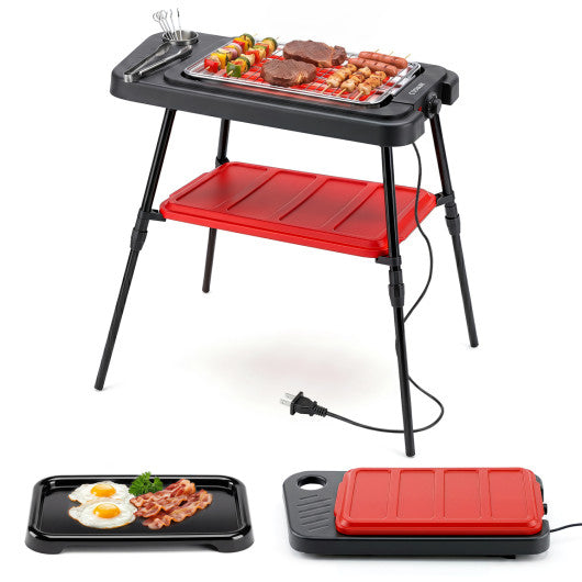 1500W 2-in-1 Electric Grill with Detachable Stand and Dual Plates for Balcony-Red