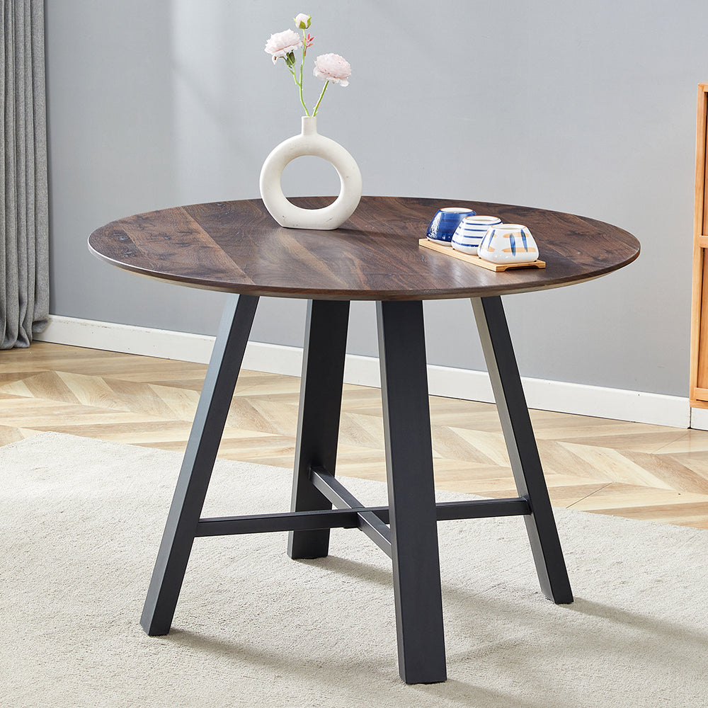 Modern minimalist round dining table and coffee table. 42 Inch Diameter MDF Table Top, Deep Wood Grain Table Top, Black Metal Legs, Fits Home & Office F-1172