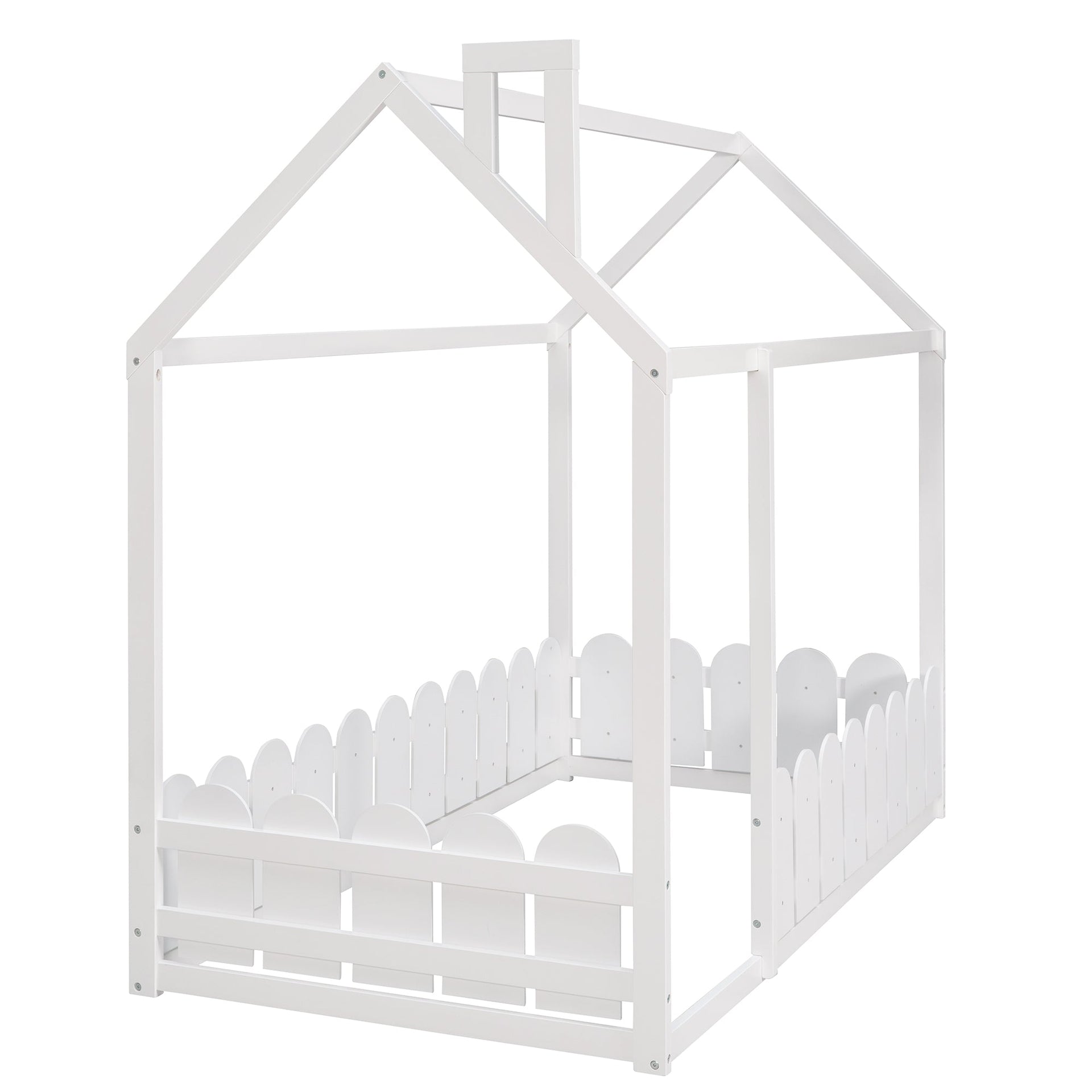 {Slats are not included}Twin Size Wood Bed House Bed Frame with Fence for KidsTeens Girls Boys {White}