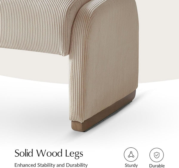 Beige Corduroy Ottoman With Contemporary Wood Legs