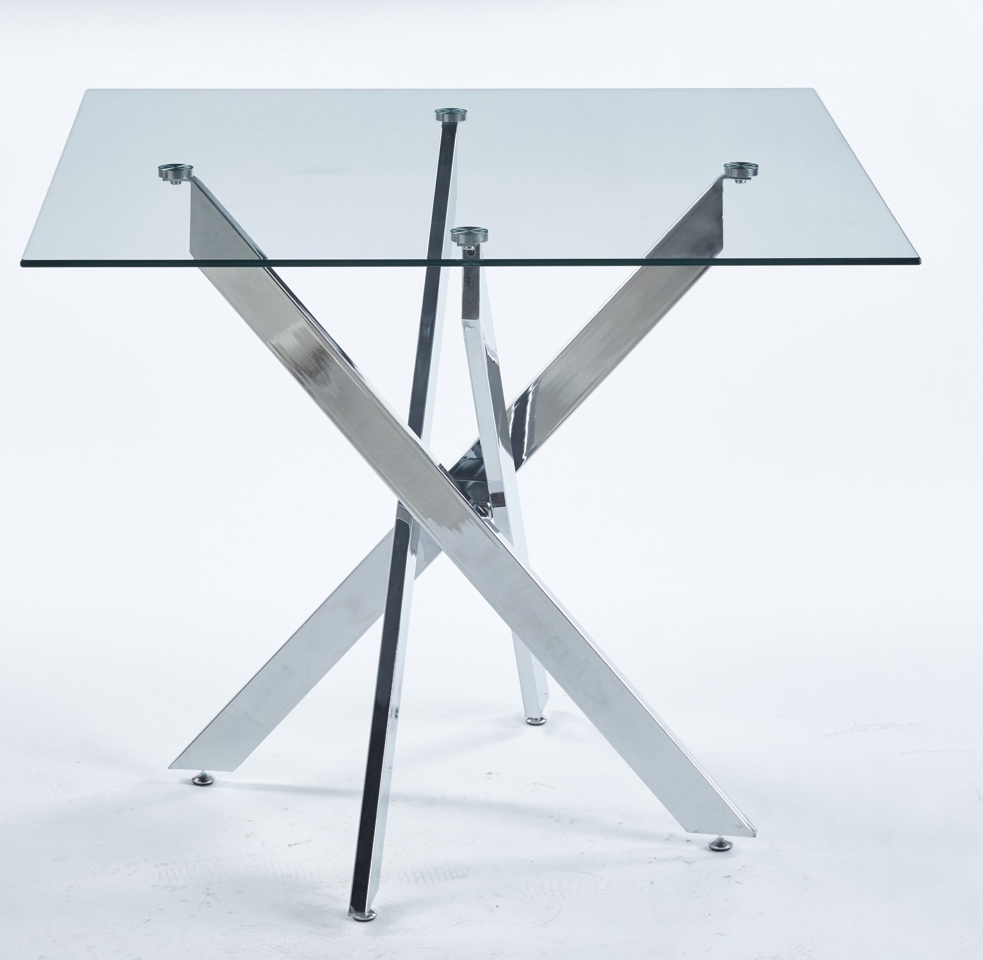 Dining Table with cross metal leg and tempered glass,Modern Space Saving Kitchen Table for Living Room,chrome legsSquare table,90x90x75cm