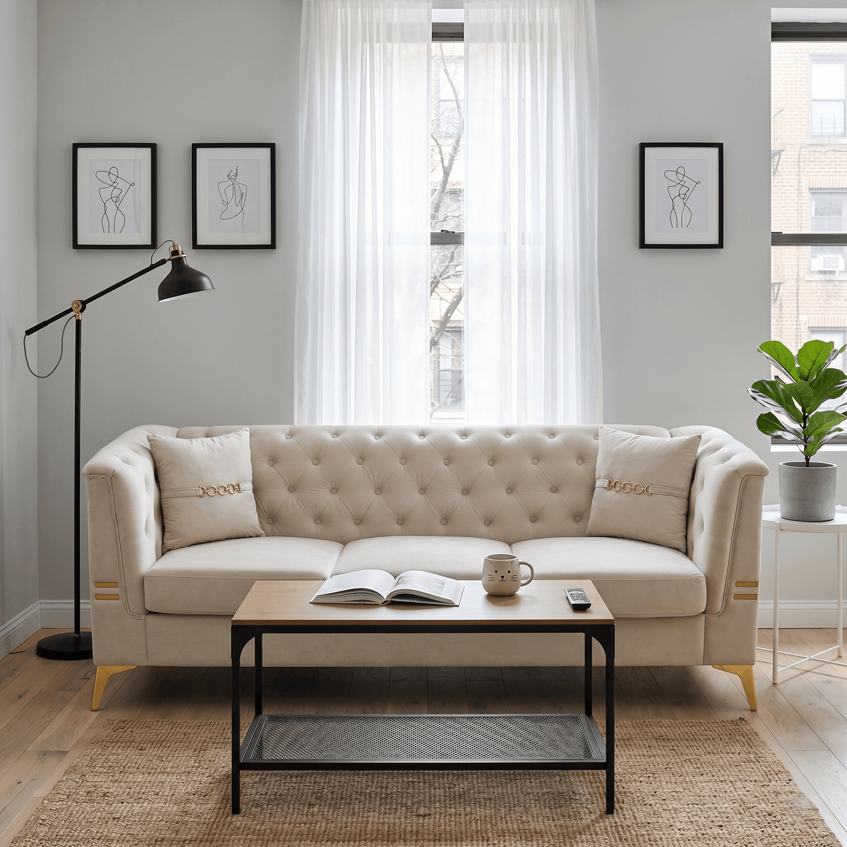 Ivory Velvet 3‑Seat Sofa