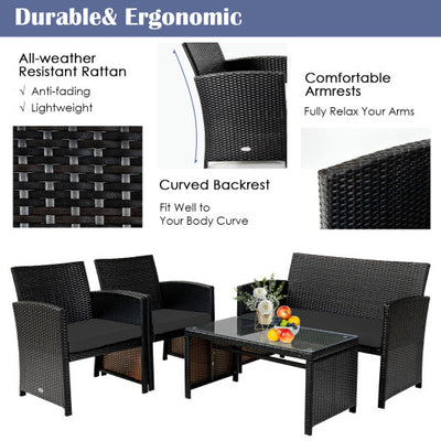 4 Pieces Patio Rattan Cushioned Furniture Set with Coffee Table-Black